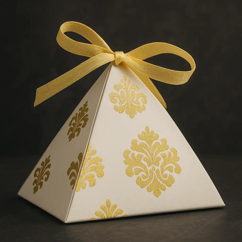 Luxury Pyramid Gift Box with Golden Damask Pattern and Satin Ribbon (100 Piece) Inam Box Center