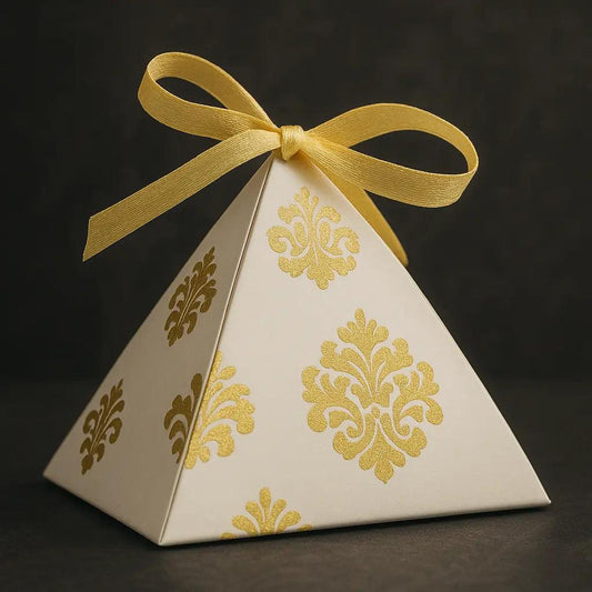 Luxury Pyramid Gift Box with Golden Damask Pattern and Satin Ribbon (100 Piece) Inam Box Center